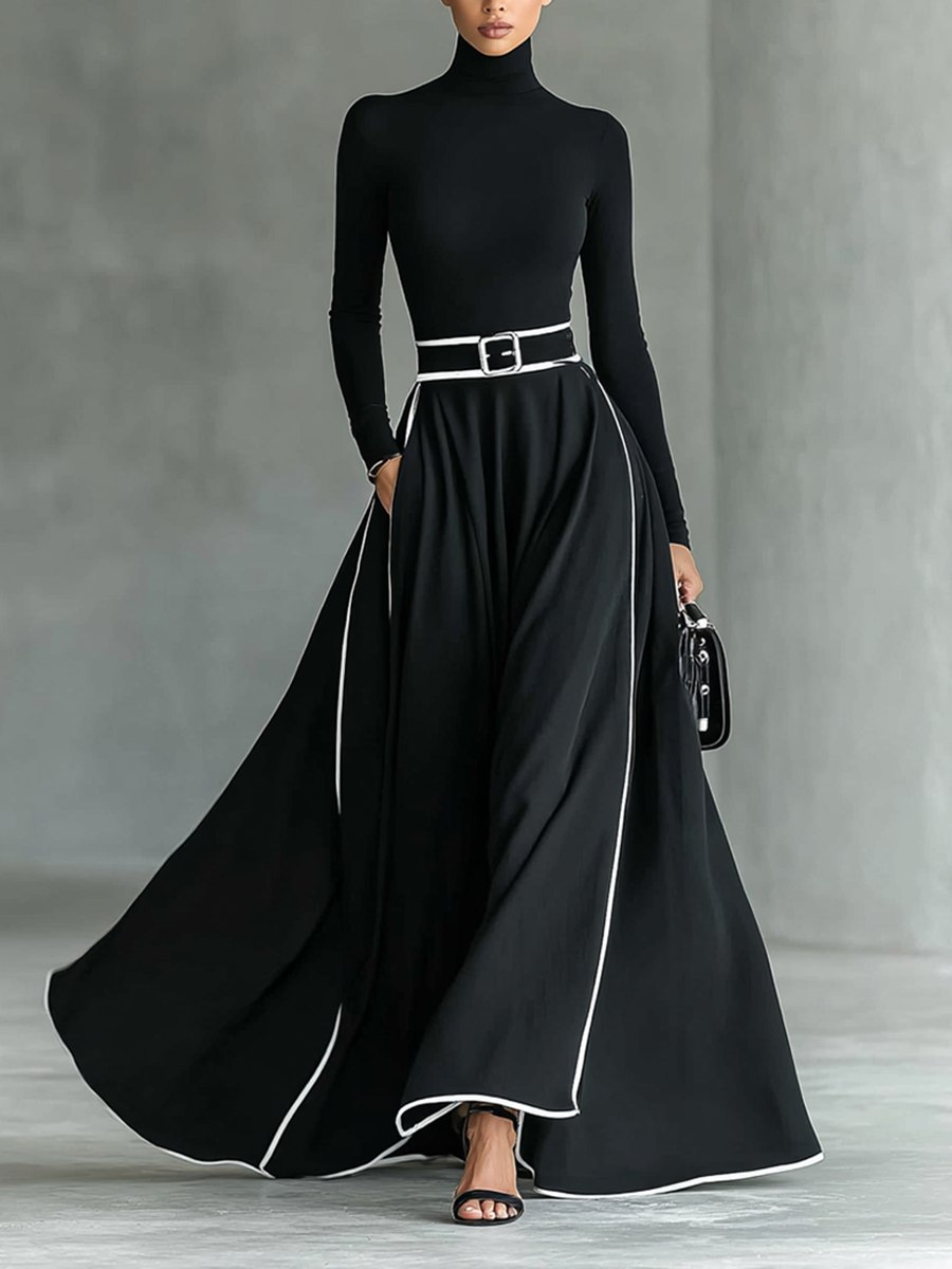 Gina – Vestido largo de cuello alto con costuras en contraste