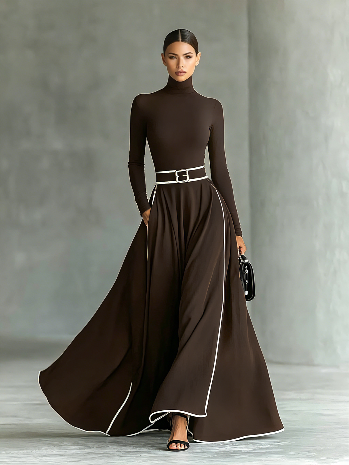 Gina – Vestido largo de cuello alto con costuras en contraste