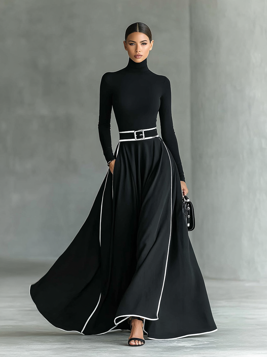 Gina – Vestido largo de cuello alto con costuras en contraste