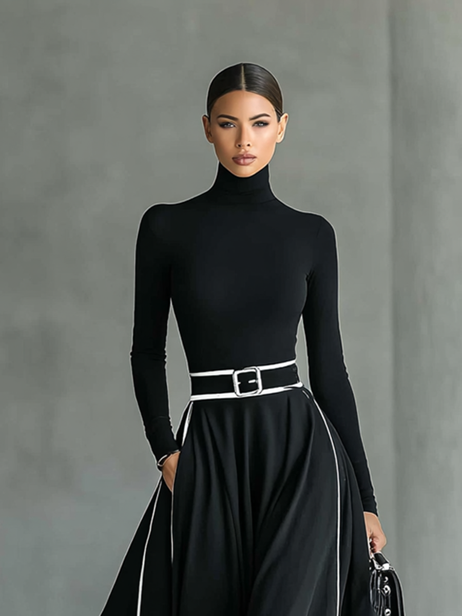 Gina – Vestido largo de cuello alto con costuras en contraste