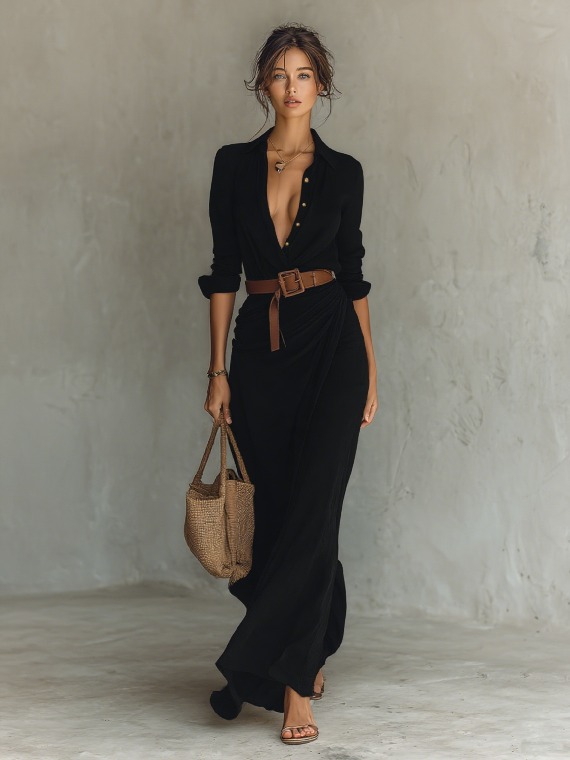 Alicia – Vestido largo con solapas y cinturón