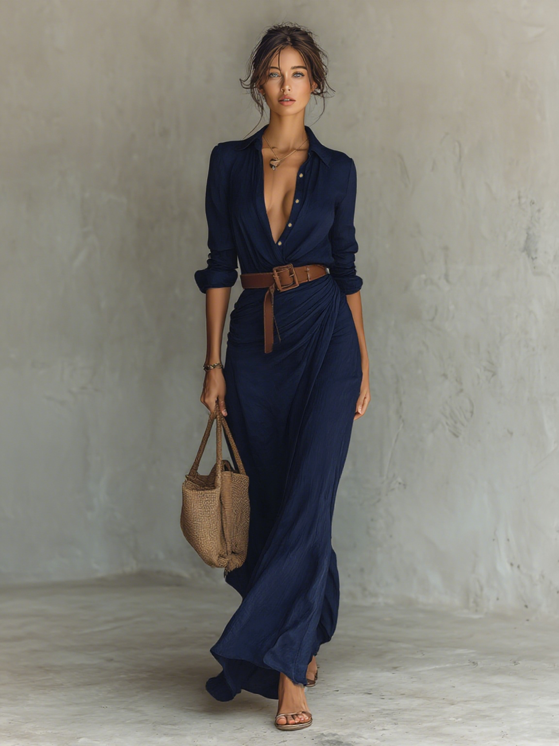 Alicia – Vestido largo con solapas y cinturón