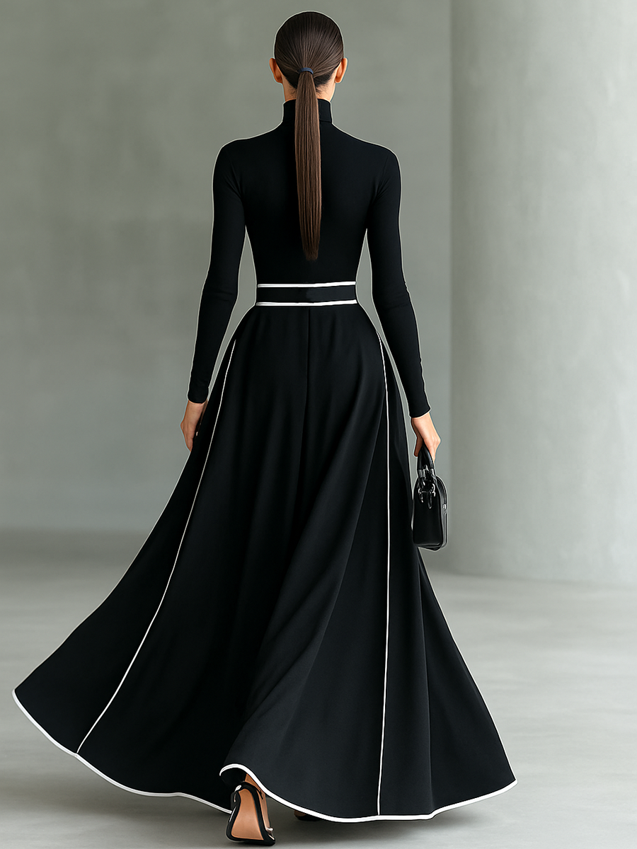 Gina – Vestido largo de cuello alto con costuras en contraste