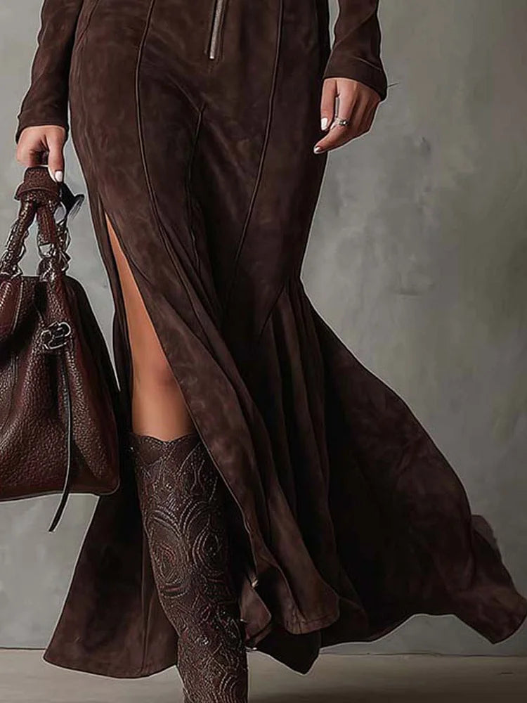 Claudia – Vestido largo efecto ante con cinturón