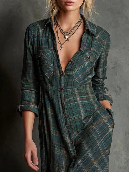 Manuela – Vestido largo de cuadros con escote en V