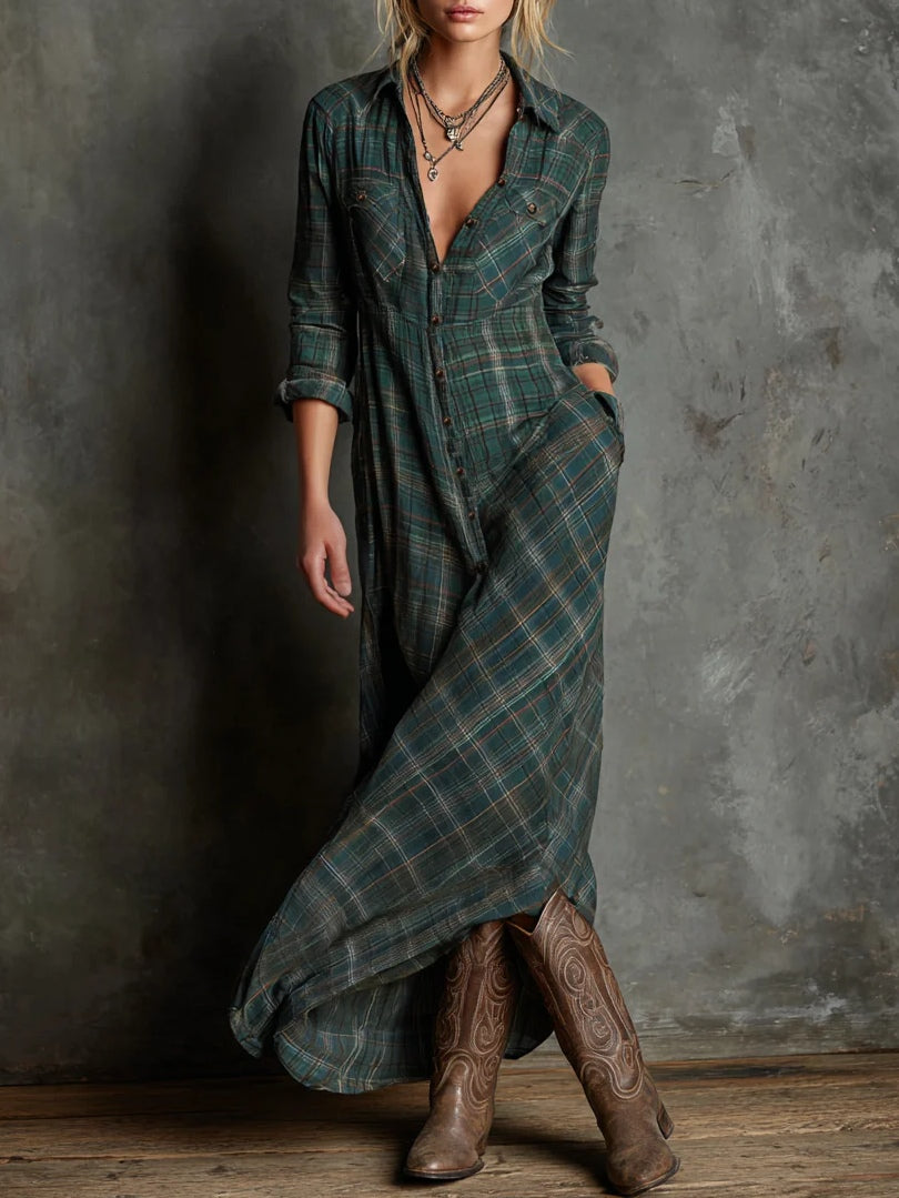 Manuela – Vestido largo de cuadros con escote en V
