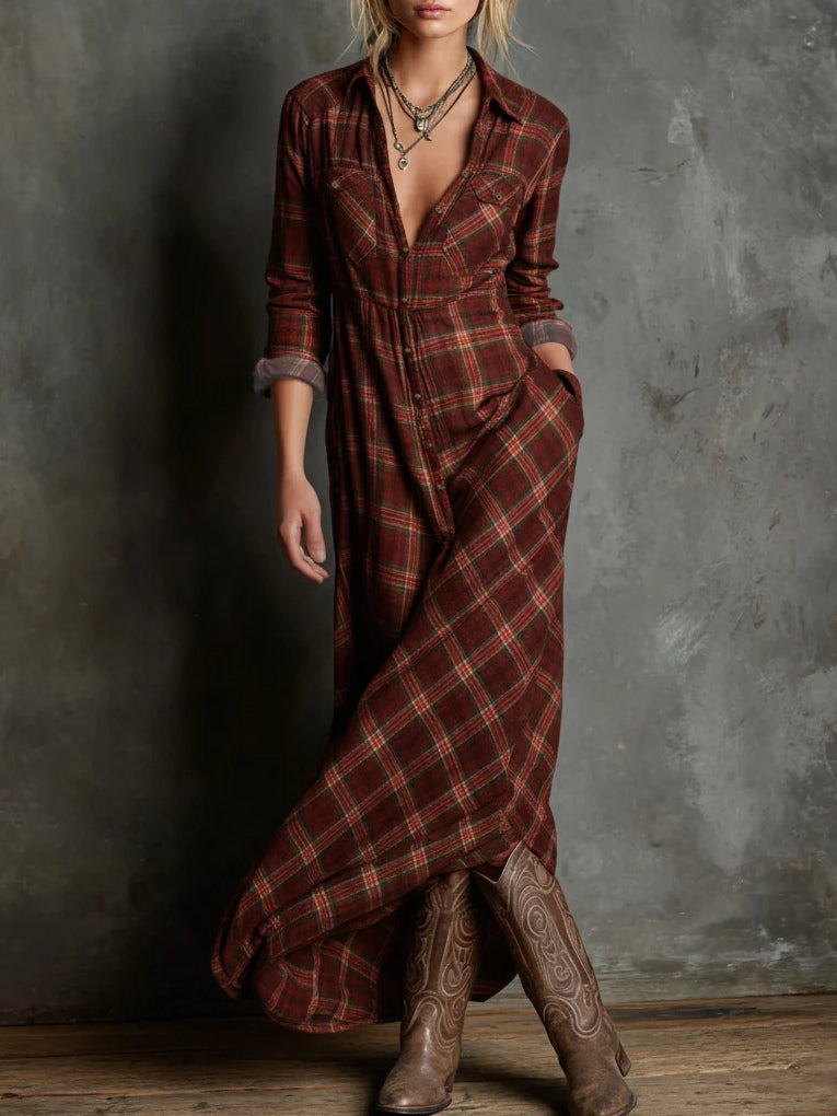 Manuela – Vestido largo de cuadros con escote en V