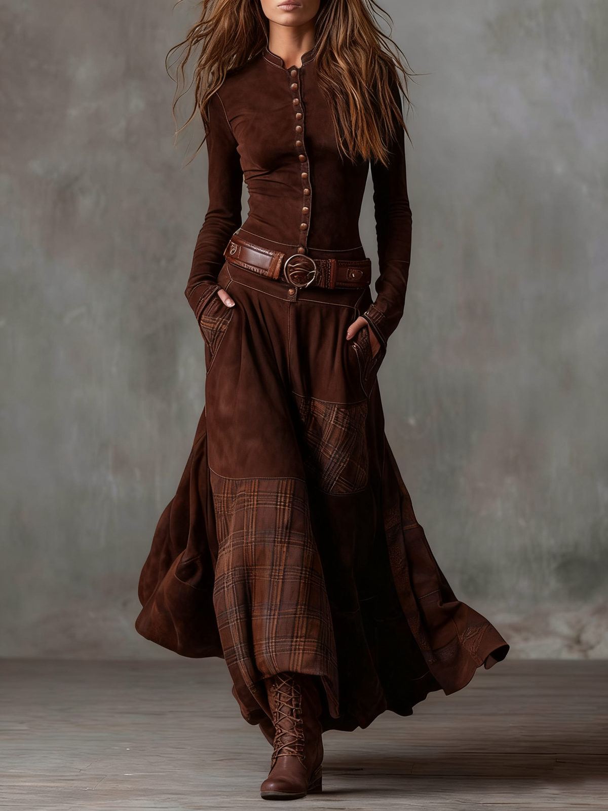 Livia – Vestido largo efecto ante con botones