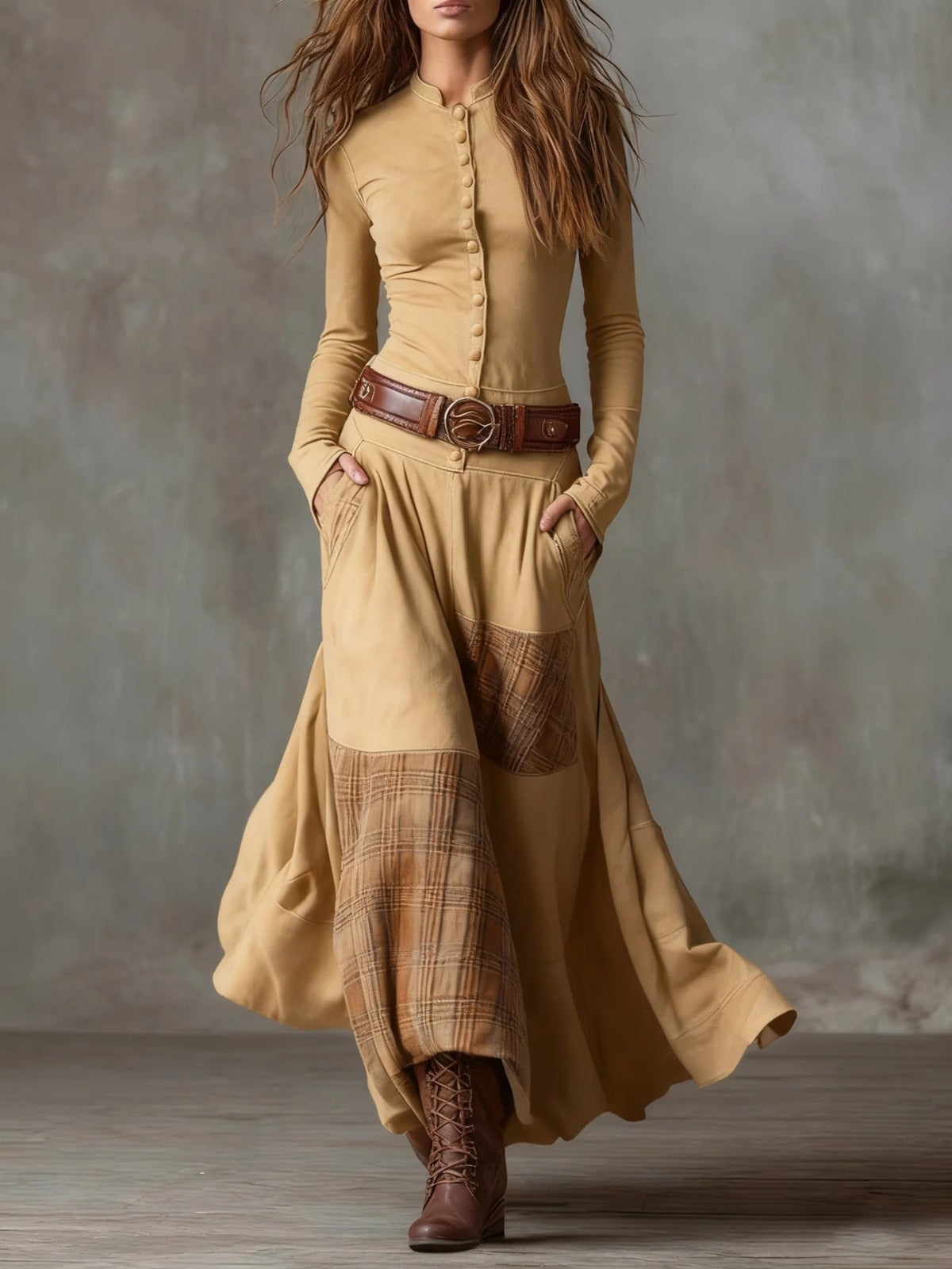 Livia – Vestido largo efecto ante con botones
