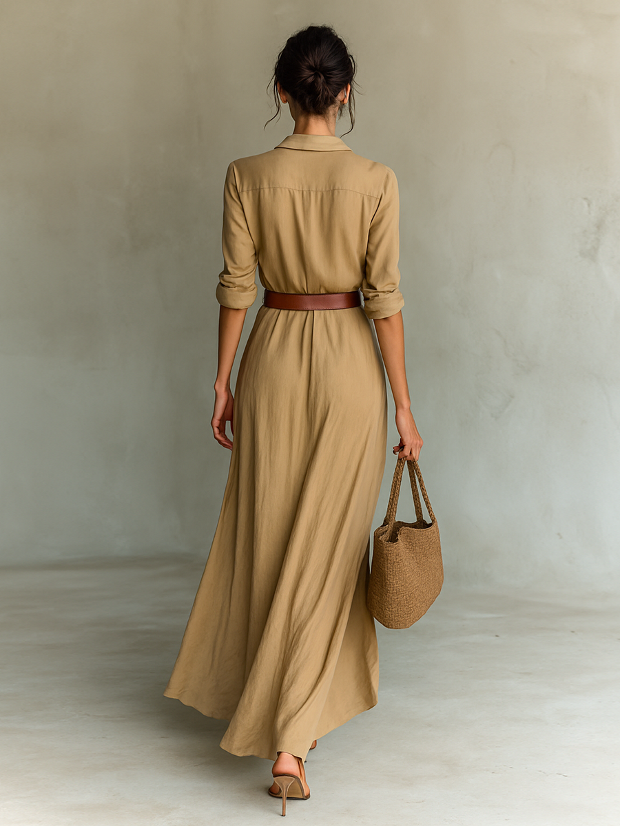 Alicia – Vestido largo con solapas y cinturón